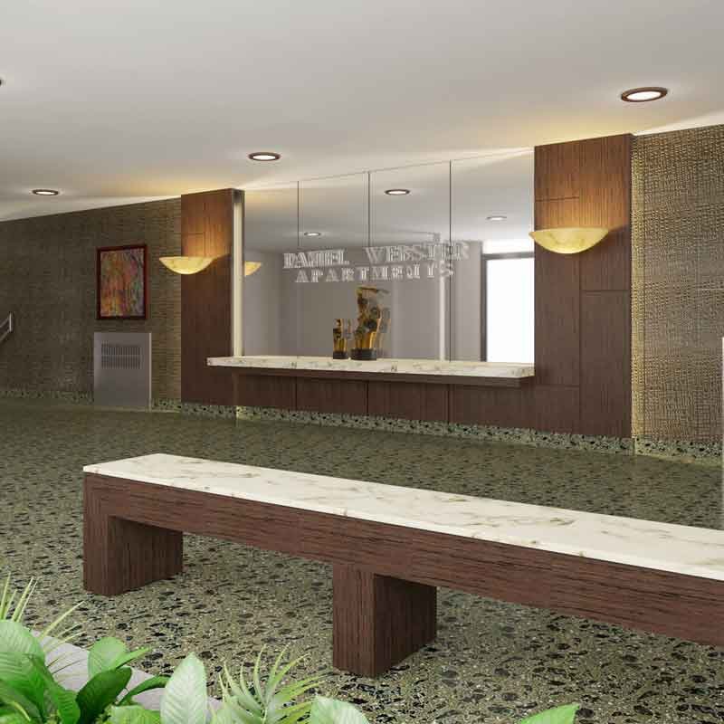 Lobby 3D render view for DANIEL WEBSTER apartment in NY 10456, United States