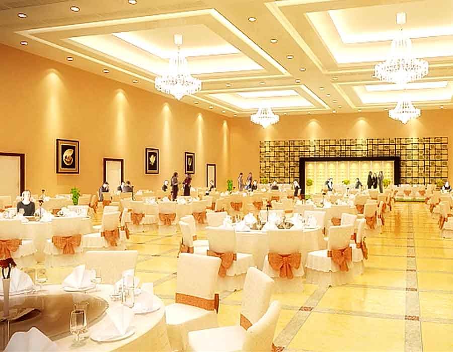 3D render view of a fine dining restaurant in a banquet hall