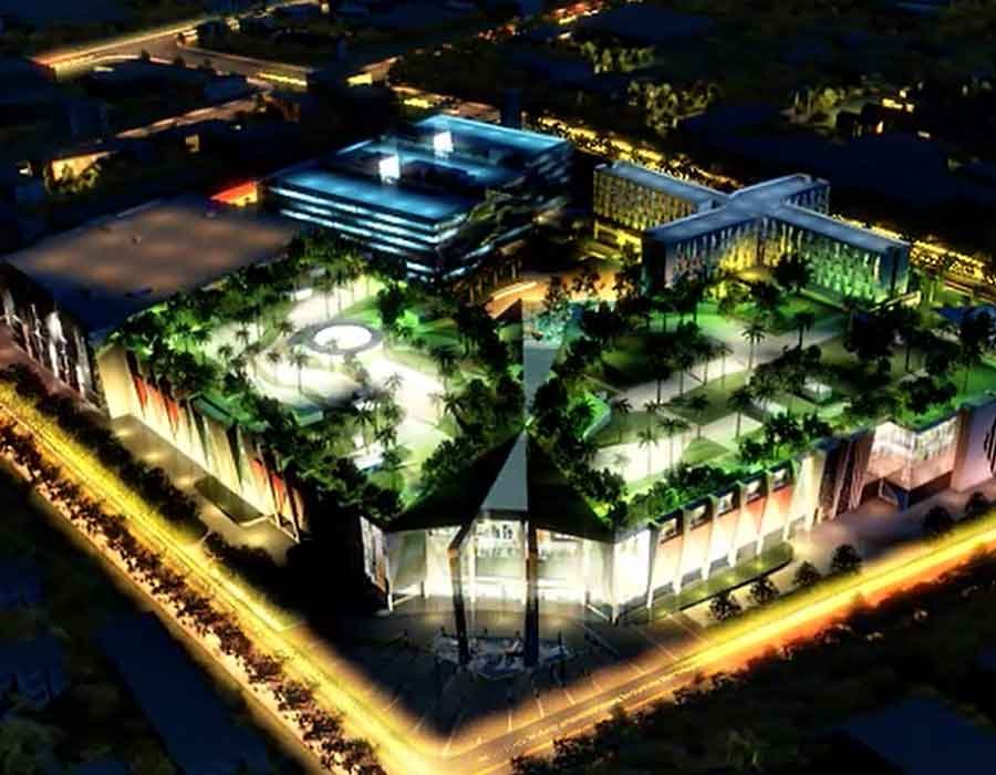 Aerial night view 3d still render from shopping mall 3d flythrough animation