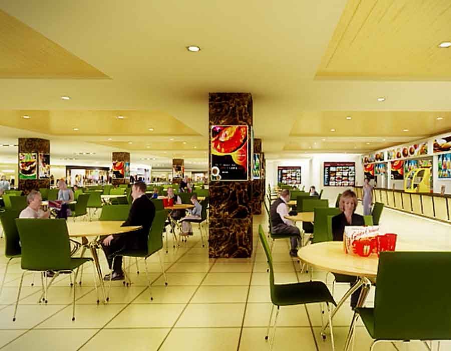 Shopping mall food court still render from mall 3d animation