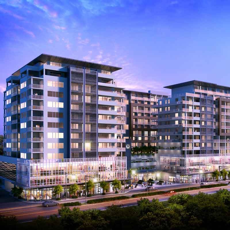 exterior 3d view of a mixed-use apartment in Melbourne, Australia