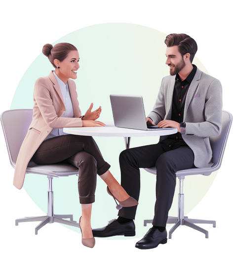 Two business executives watching office 3d render images on a laptop