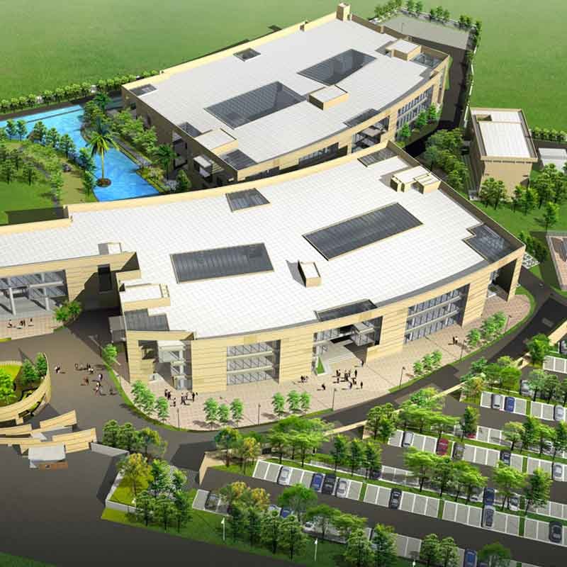 Aerial 3d render view of a office building in Bengaluru, India