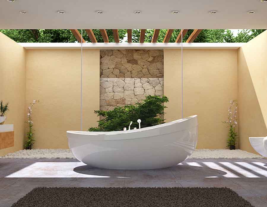 3d render view of an open air bathroom for a resort in Goa, India