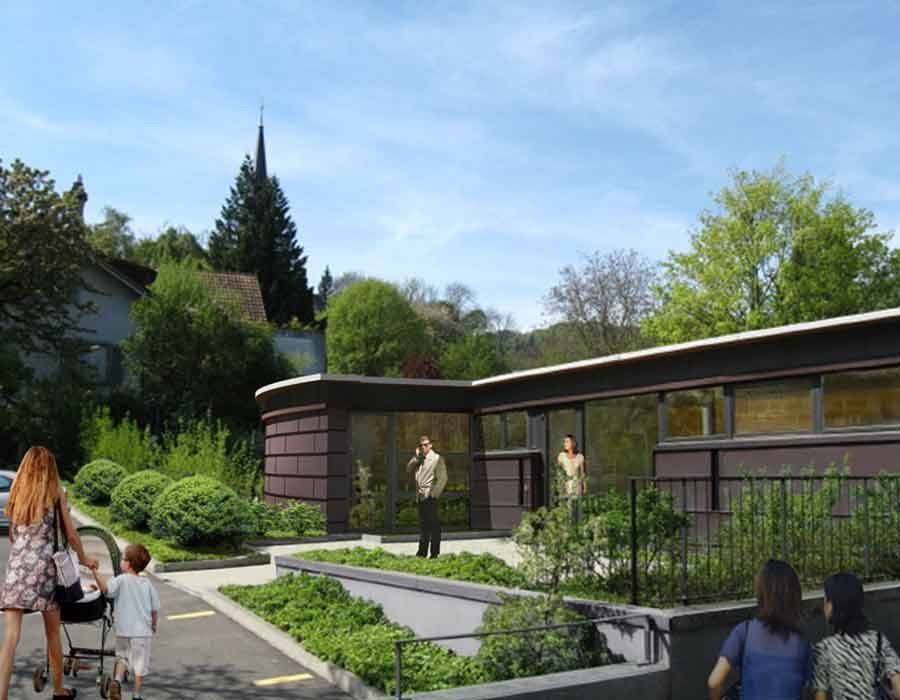 Exterior 3d perspective view rendering for a parish centre in Zurich, Switzerland