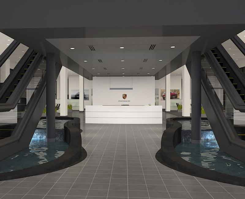 Reception area 3d still render from porsche showroom 3d tour