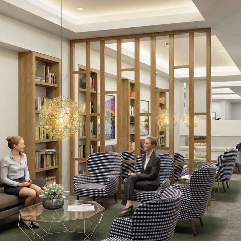 Retirement home's reception area 3D render view