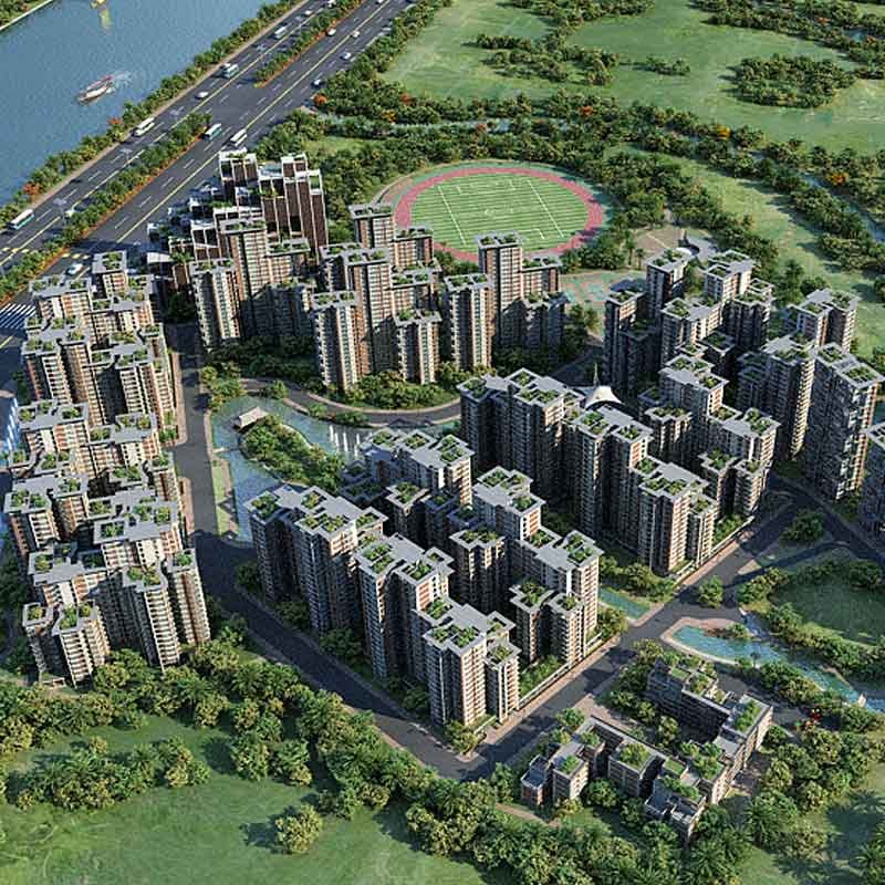Aerial 3d render view of an integrated township in Dhaka, Bangladesh