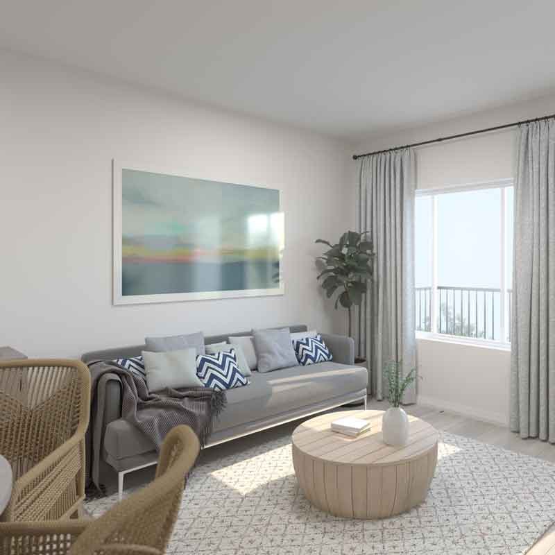 3d render view of a living room in a retirement apartment in Canada