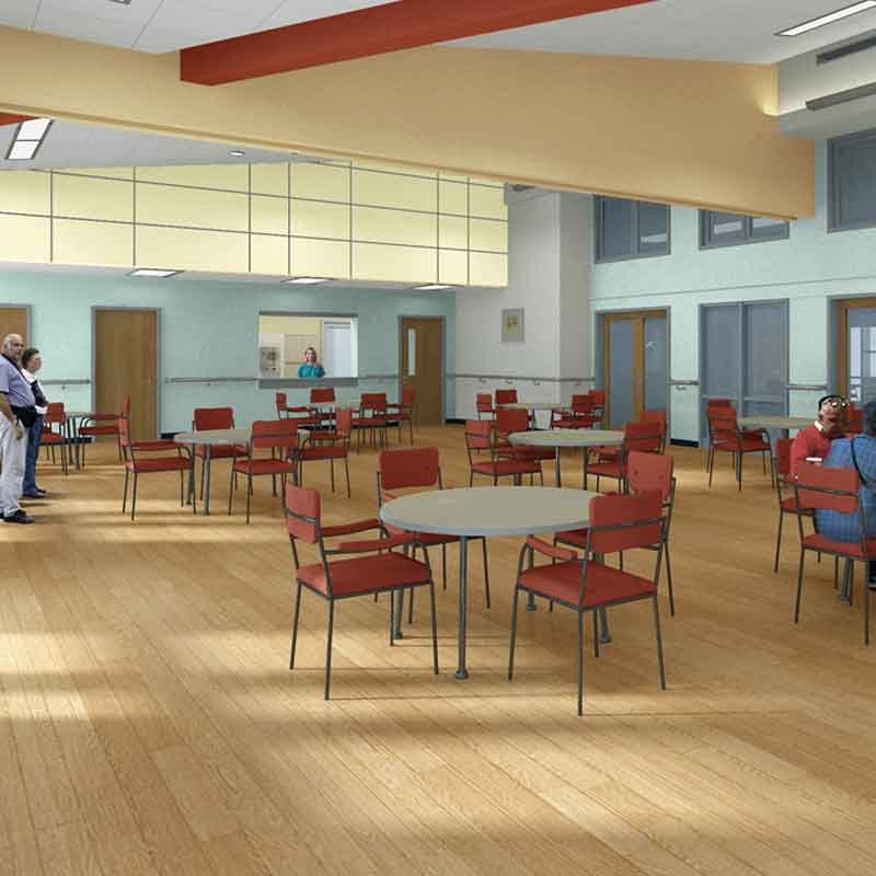 3d render for a restaurant in a senior living community in North Carolina, US
