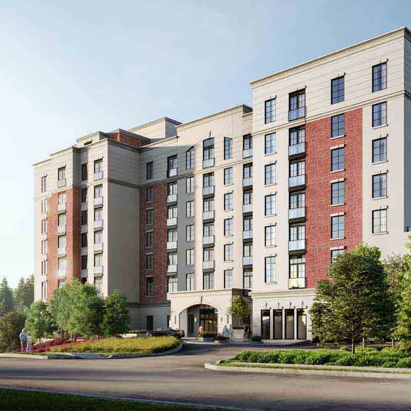 Exterior 3D view of a senior citizen apartment in Ontario, Canada