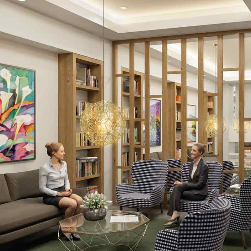 3D rendered image showing the reception area of a retirement home in Canada