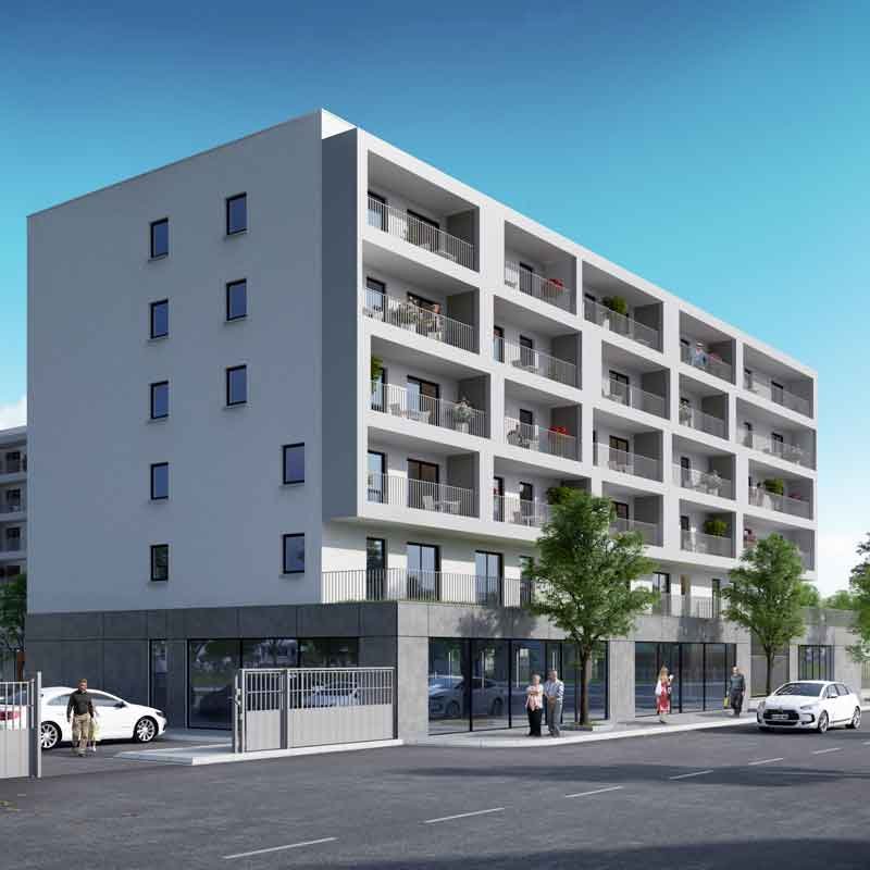 Exterior 3d view of a senior citizen apartment design in Choisy-le-Roi, Paris
