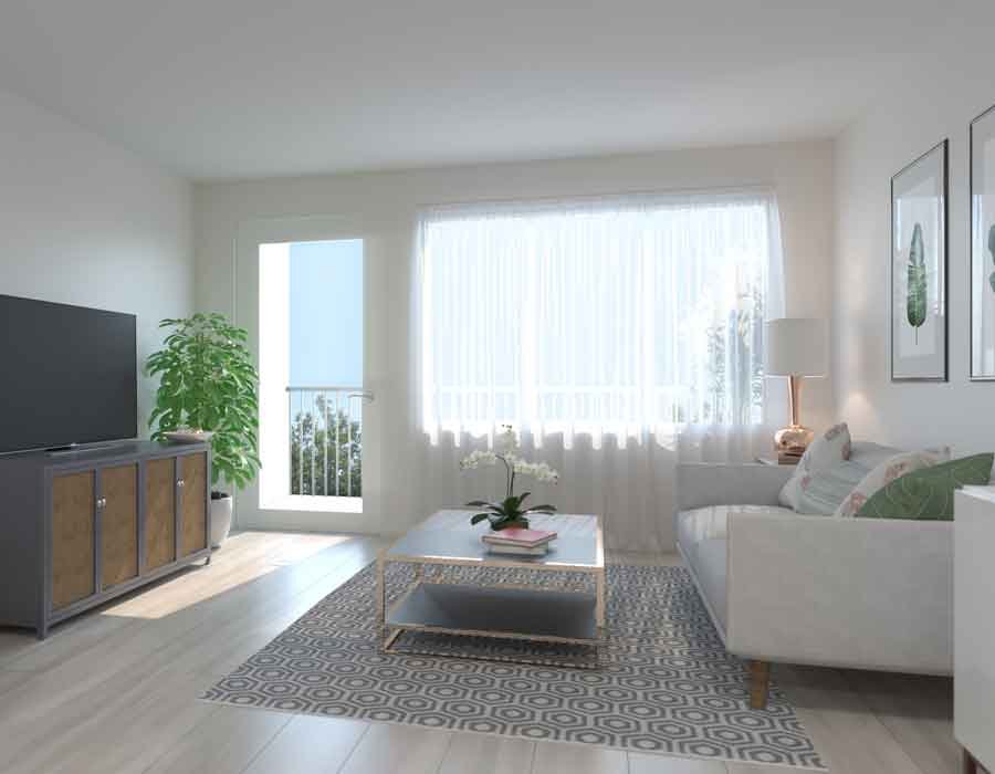 3d living room design for a senior living apartment in Toronto, Canada
