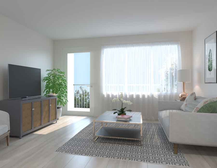 Living room 3d render for a retirement apartment in Canada