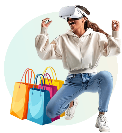 A lady watching shopping mall virtual 3d tour using a VR gadget
