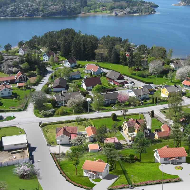 3D Photomontage aerial view of single story housing project in Sweden
