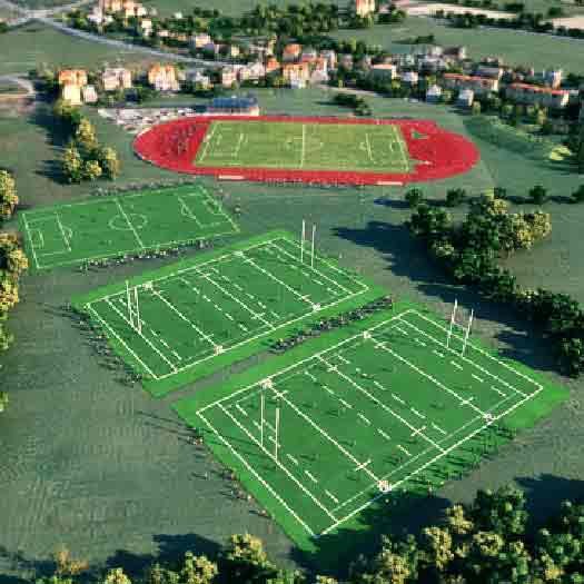 The 3D image shows the athletic track and playground of a sports centre.