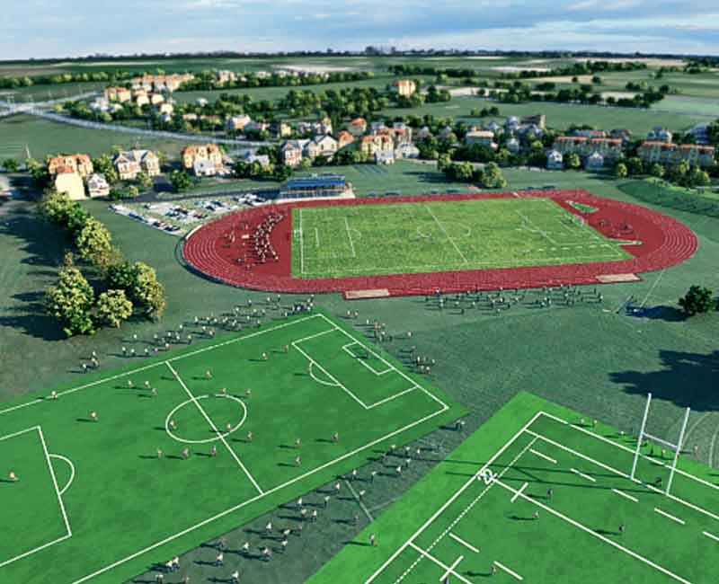 3d aerial view render from school sports centre 3d virtual tour