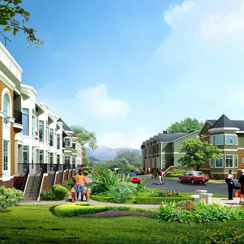 Street view of an apartment 3D exterior rendering with beautiful landscape