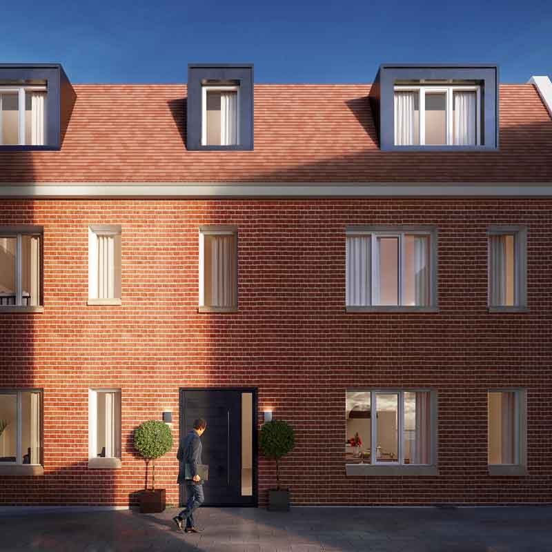 exterior 3d render view of a townhouse in Newland Street, Witham, UK