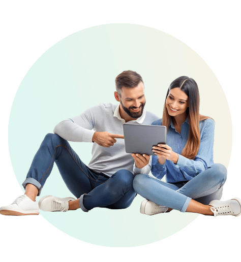 A young couple watching townhouse 3d virtual tour on an iPad