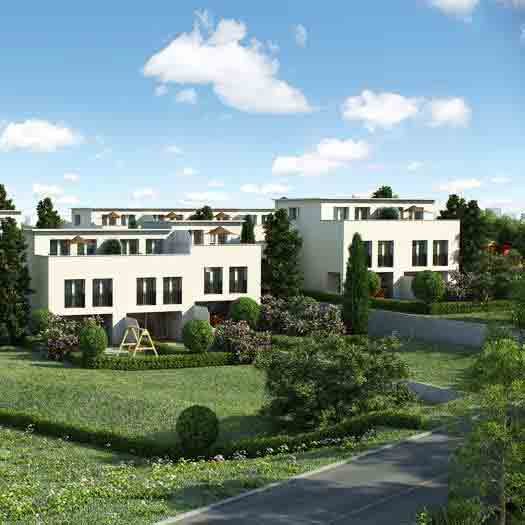 Exterior perspective 3D render view of a Townhouse