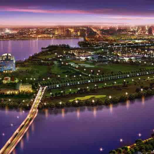 The image shows a nighttime 3D aerial view of a big township.