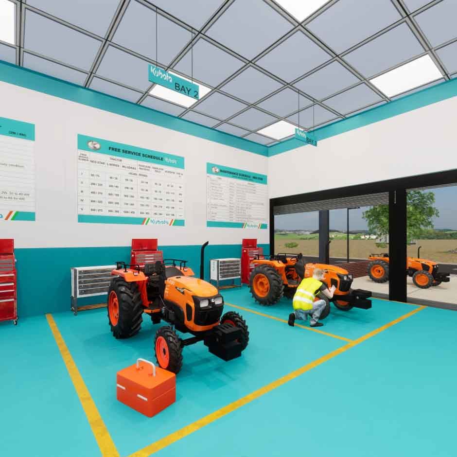 tractor virtual showroom service area 3d rendering