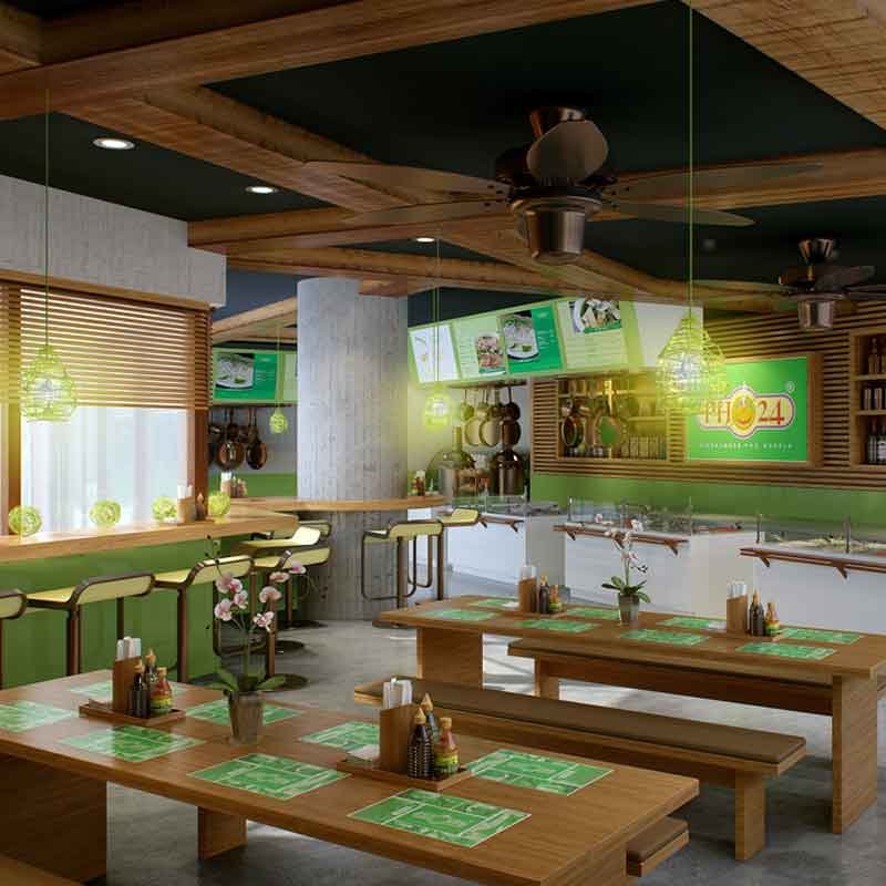 3D render image showing dining area of a vietnamese restaurant