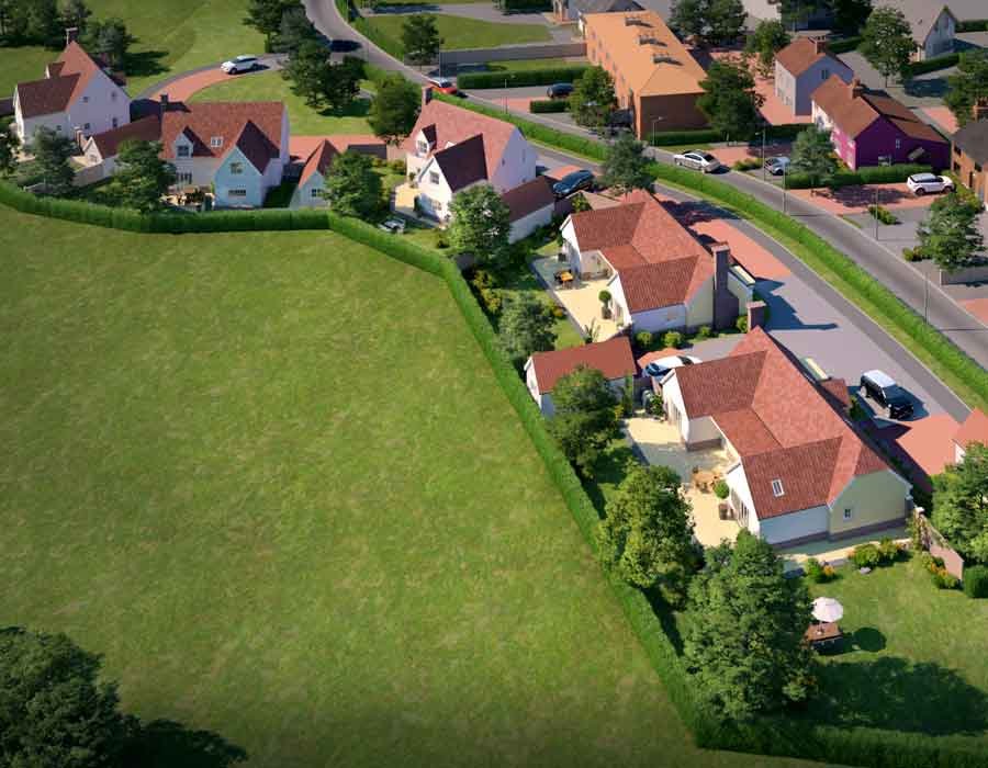 3D aerial view rendering for a villa in Coggeshall, London