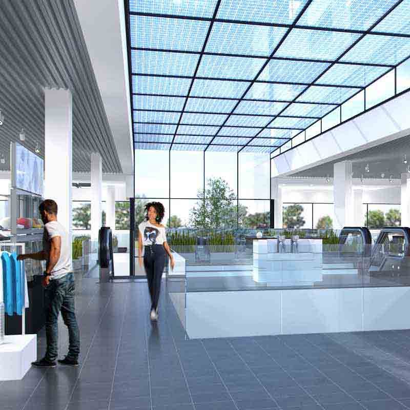 Mezzanine floor interior view shown in Porsche showroom's virtual 3D tour.