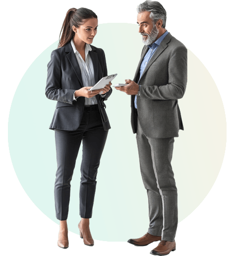 Man and woman in formal business attire discussing warehouse 3D design and rendering project