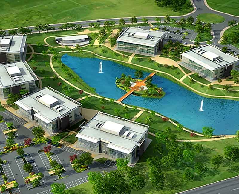An aerial 3D rendering of an IT park in Derbyshire Dales, England