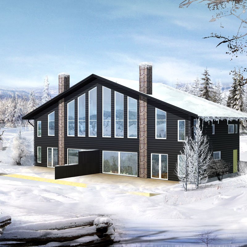 3D rendered image showing the exterior view of a woodhouse in Halla Heberg, Sweden