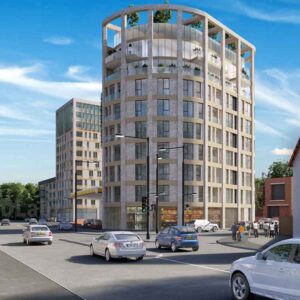 Architectural 3D rendering of a modern residential and commercial project in India