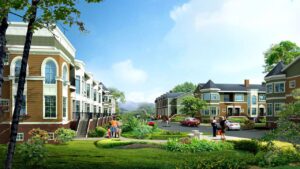Exterior 3D rendering for a townhouse project in US