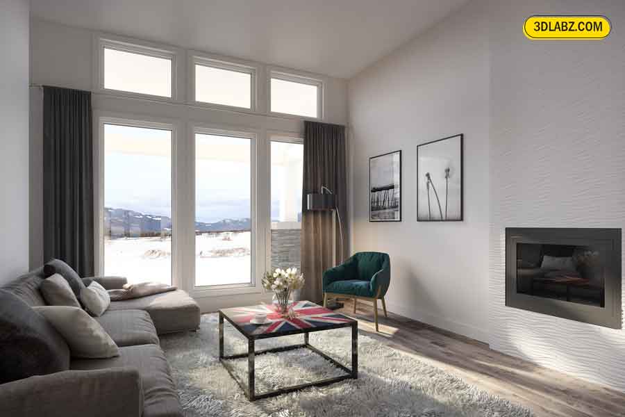 3D Living room rendering canada Living 3D rendering for a house in Canada