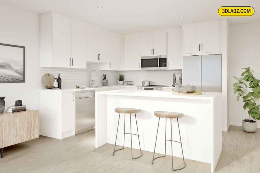 3D Kitchen Interior Rendering, Abbotsford, Canada Kitchen 3D interior visualization for an apartment in abbotsford, canada