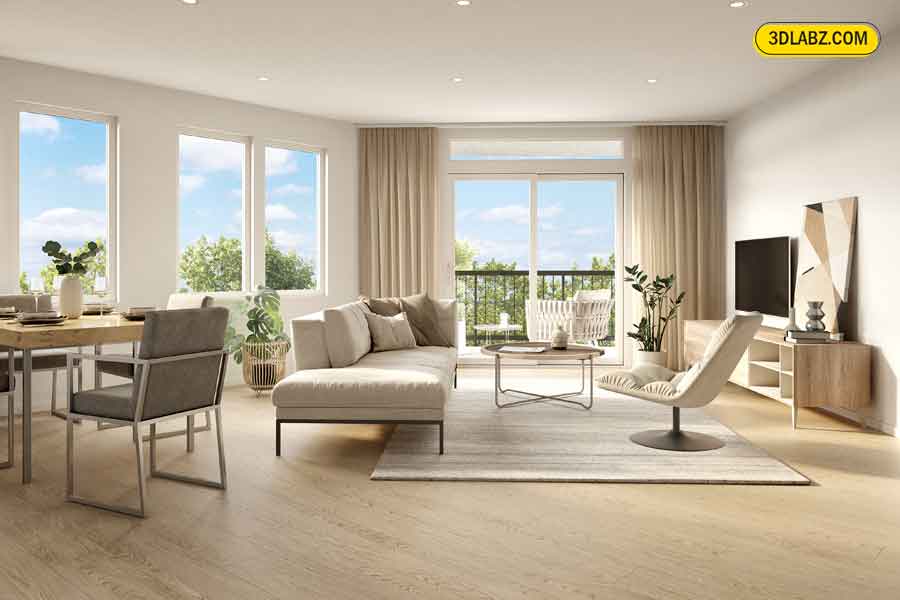 Living Room 3D Interior Rendering, Abbotsford, Canada Living room 3D render view for an apartment in abbotsford, canada
