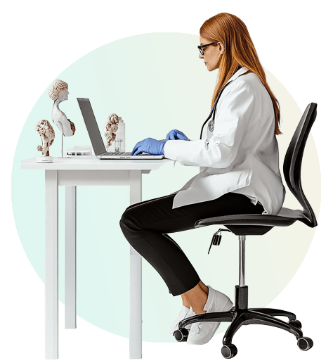 A lady doctor watching 2d medical illustrations on laptop