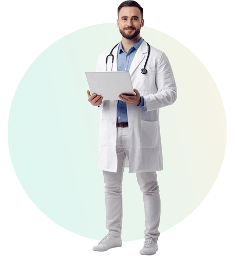 A male doctor watching medical device animation on a tab