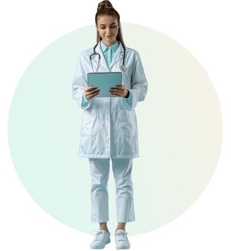 A lady doctor watching medical MOA animation on tab