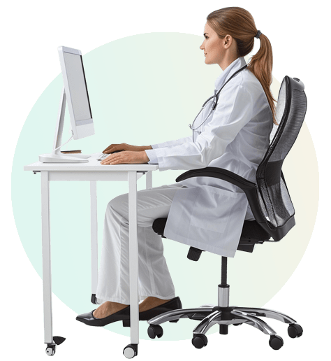 A lady doctor watching surgery 3D animation videos on a computer