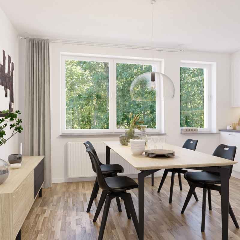 3D rendered view of dining area with dining table and chairs modelled in 3D