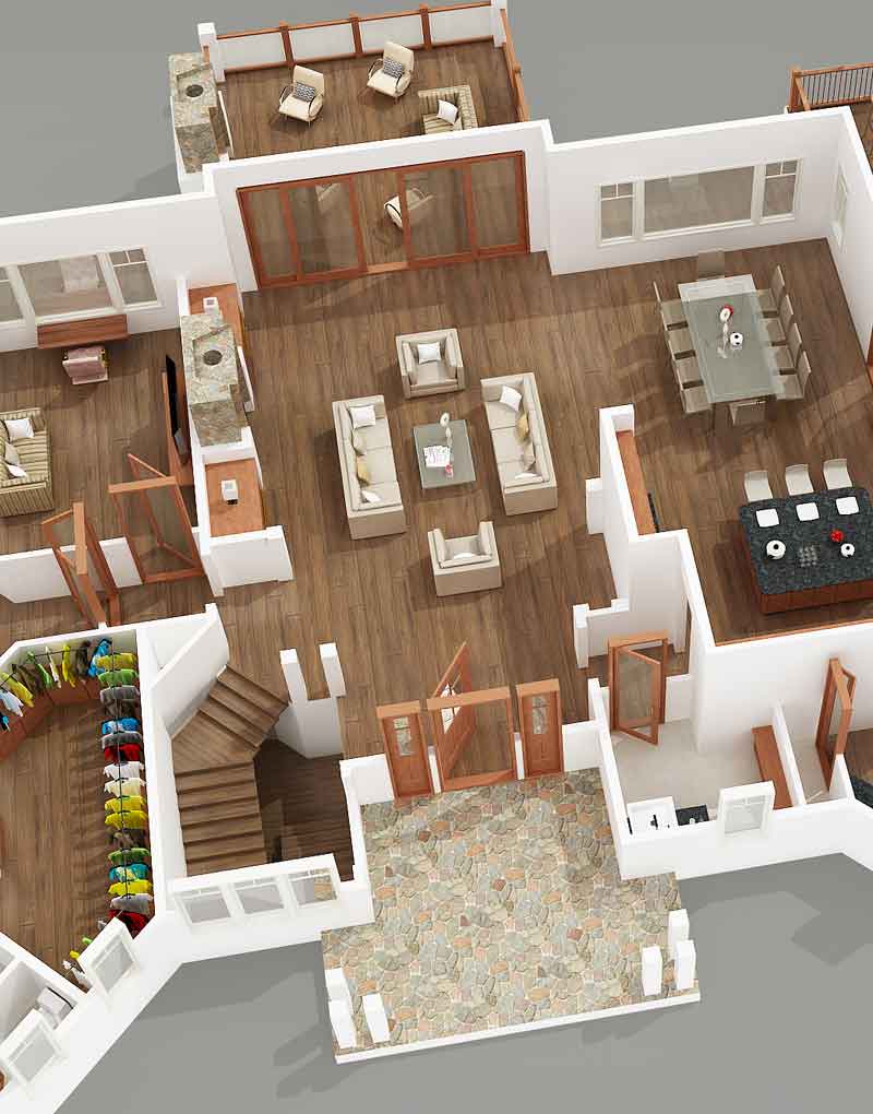 3D floor plan render view of a lake house