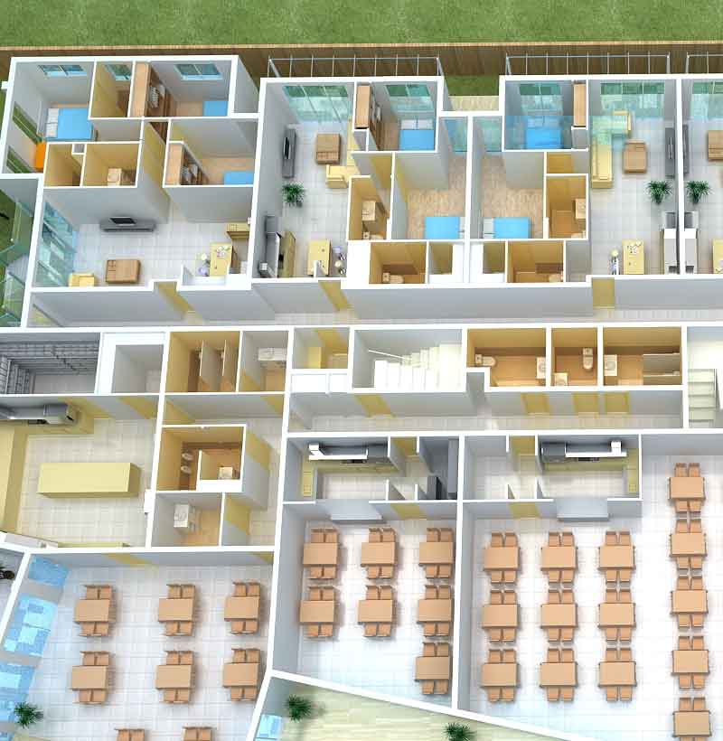 3D floor plan render for a mixed-use apartment