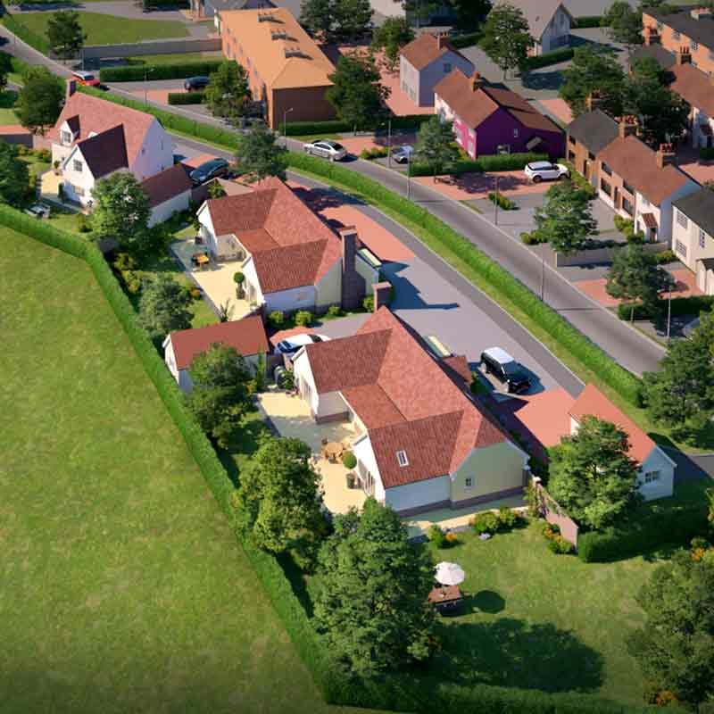 3D aerial view of a 4 bedroom detached house in Tilkey Road, Coggeshall, Colchester, UK 