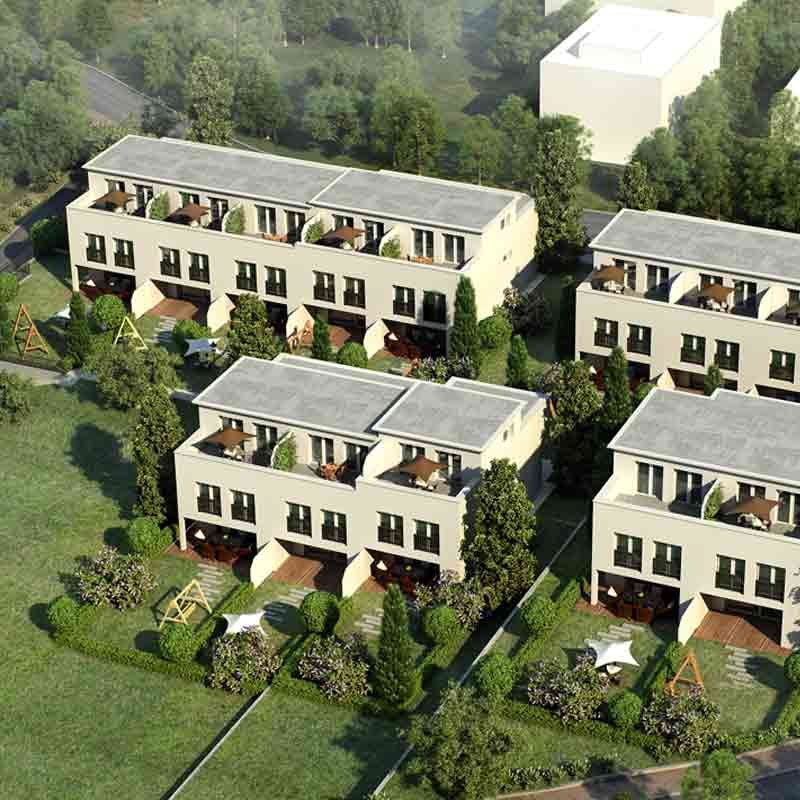 Aerial 3D view of a townhouse project in Gachnang, Switzerland