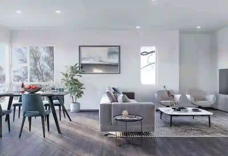 3D interior render view showing living cum dining area of a townhouse project in south africa